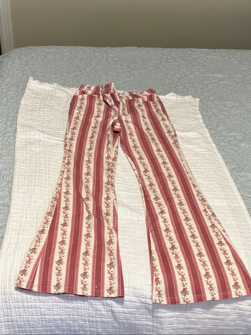Altar'd State Rose and Cream Striped Floral Flare Pants